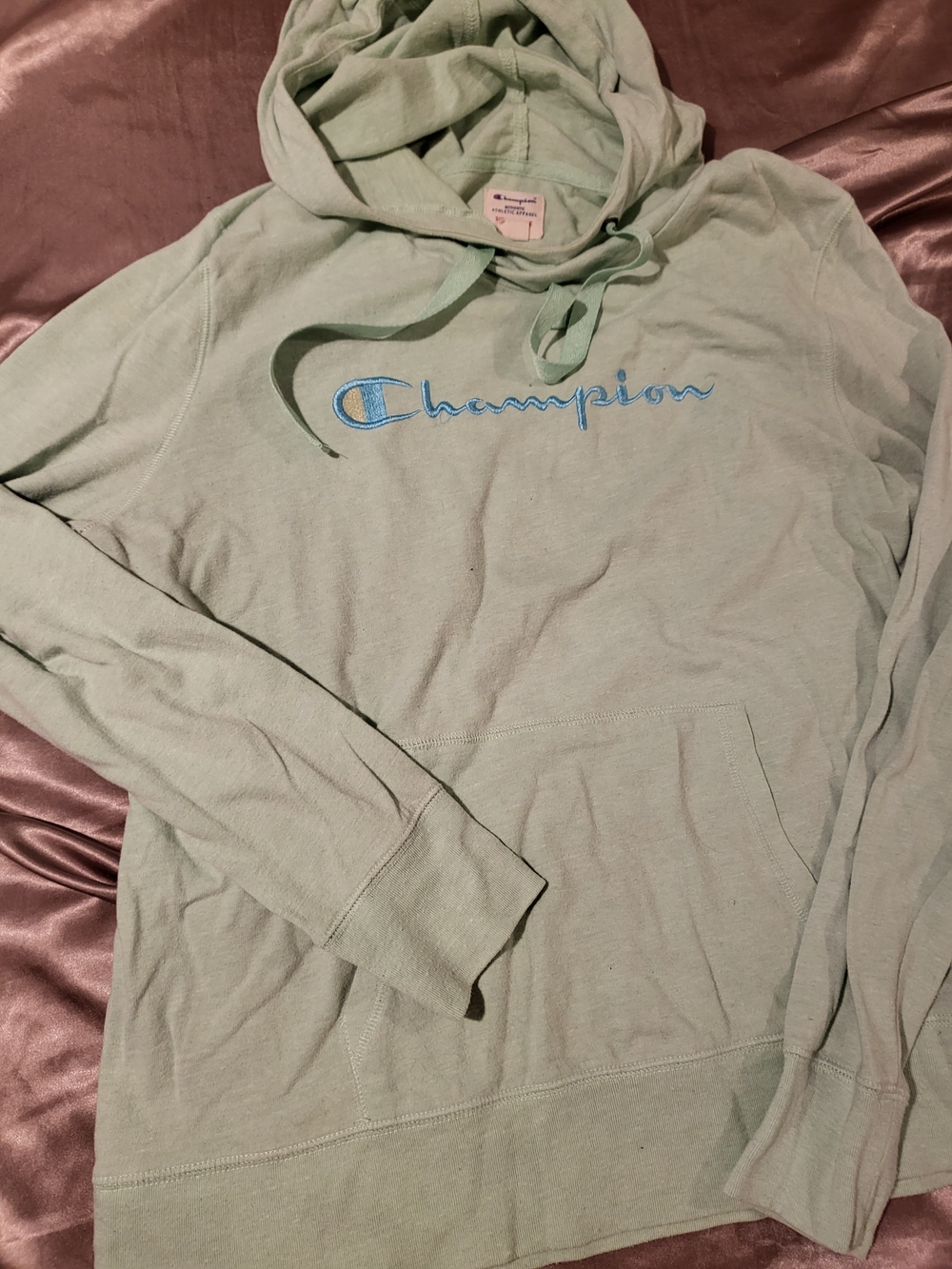 Champion Mint Green Hoodie with Blue Script Logo
